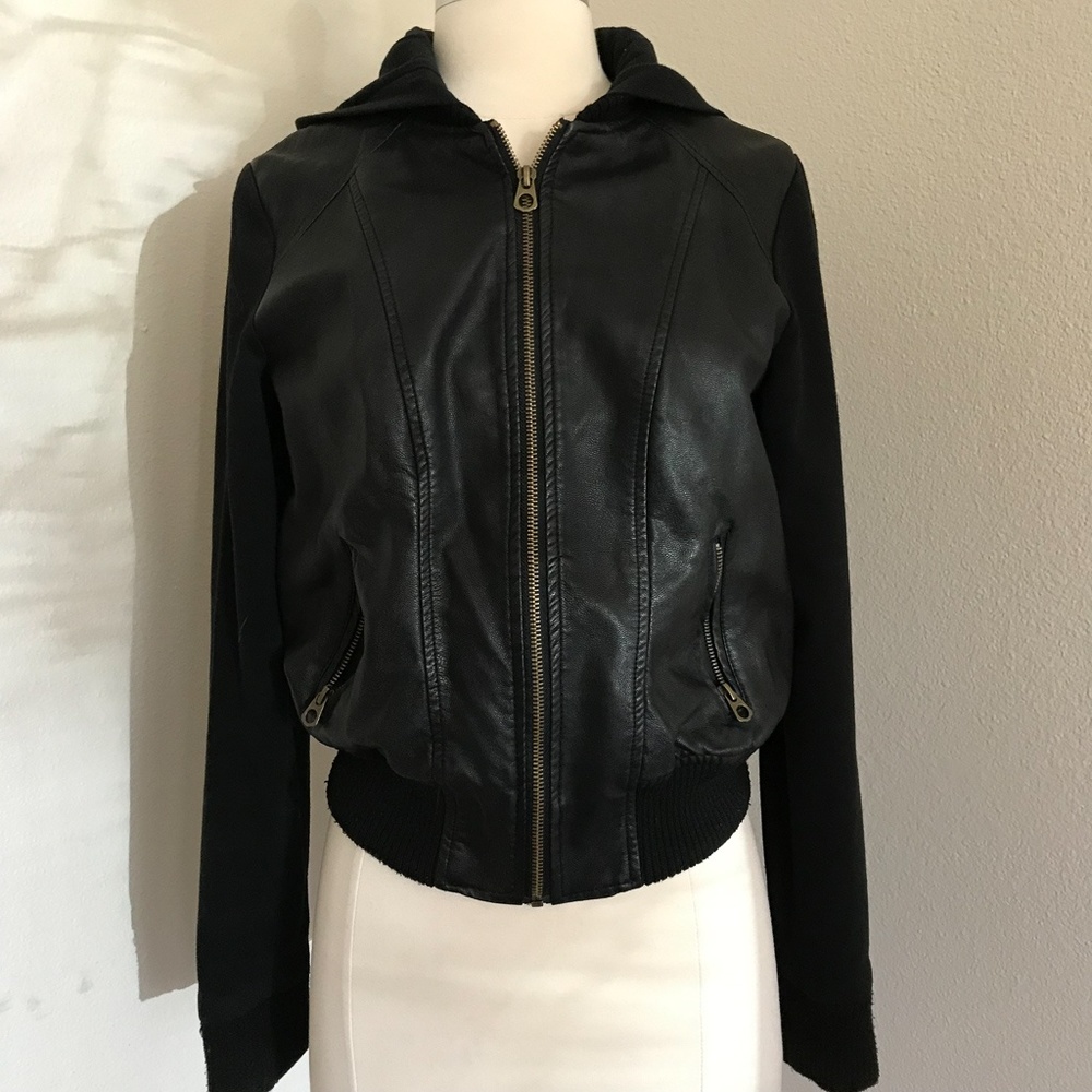 Black Faux Leather Hooded Bomber Jacket M